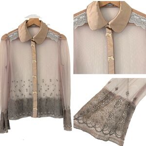 Viola Per Donna Mesh Bow & Lace Detail Blouse in Nude Size 6